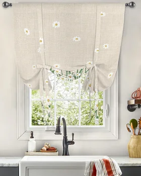 Белая занавеска в виде ромашки для гостиной, кухни, короткие занавески на завязках, Регулируемые шторы с карманами