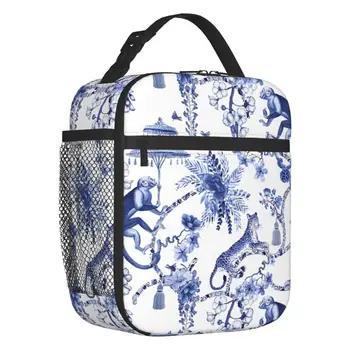 Игривый Зверинец, сине-белый узор в стиле Шинуазир, Изолированная сумка для ланча для женщин, Фарфоровый кулер, термальный ланч-бокс для еды