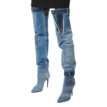 2023 Женские роскошные сапоги до колена на тонком каблуке в стиле панк, модная пряжка для ремня, синие женские сапоги до колена, ковбойские слипоны с острым носком