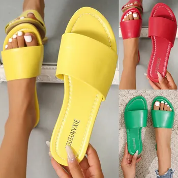 женские летние простые однотонные пляжные сандалии большого размера с толстым дном и открытым носком, блестящие сандалии на плоской подошве для женщин