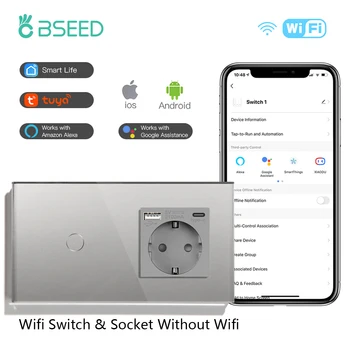 BSEED Wifi 1/2/3Gang Сенсорные Выключатели Света 1/2/3Way Поддержка Tuya Smar Life Google Alice С Обычными USB-портами EU Socket Type-c