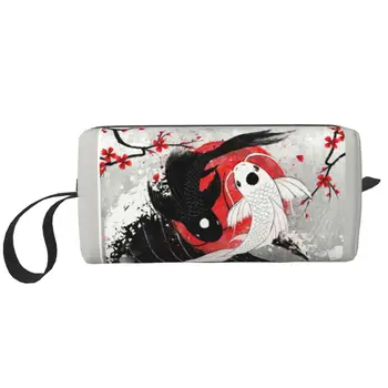 Косметичка Koi Fish Yin Yang для женщин, Органайзер для косметики, Японская Сакура, сумки для хранения туалетных принадлежностей с цветочным рисунком, набор Dopp, футляр-коробка