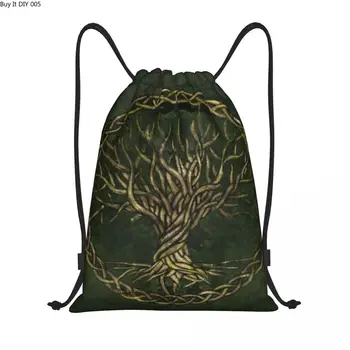 Изготовленные на заказ зеленые и золотые сумки на шнурках с изображением Древа жизни для тренировок, рюкзаки для йоги, женские Мужские рюкзаки Vikings Yggdrasil Sports для спортзала