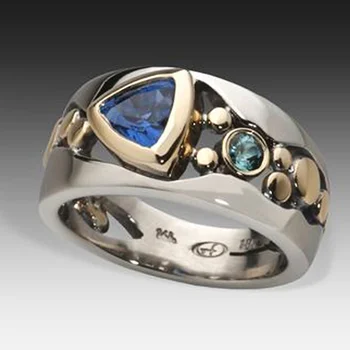 Элегантное женское модное кольцо серебряного и золотого цвета, выдалбливают инкрустированные обручальные кольца из синего камня для женщин, свадебные украшения