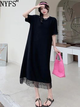 2023 Летнее Новое Корейское женское платье Vestidos Robe Elbise, Свободные Длинные платья с коротким рукавом и кисточками на подоле