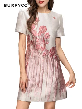 Новое летнее женское платье А-силуэта BURRYCO 2023 с оригинальным дизайном, круглым вырезом и коротким рукавом с принтом и вышивкой