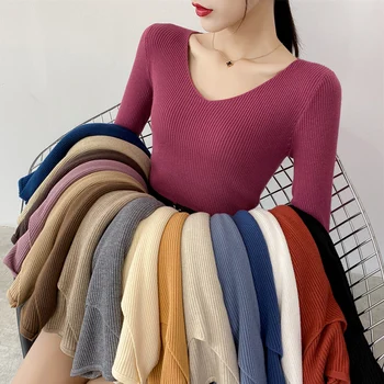 Свитера для женщин, пуловеры, однотонные трикотажные топы, осень-зима, свитер с V-образным вырезом и длинным рукавом, одежда 28046