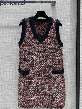 Дизайнер Bearomad для подиума, весна-лето, Винтажное вязаное мини-платье, женское короткое платье без рукавов с V-образным вырезом и прямым карманом